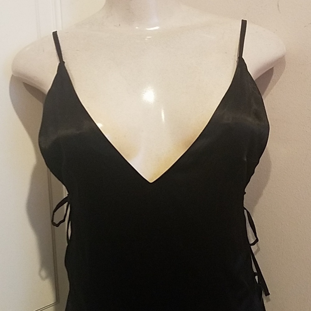 Hours Black Satin long Dress sz Small open side with lace - Picture 3 of 7